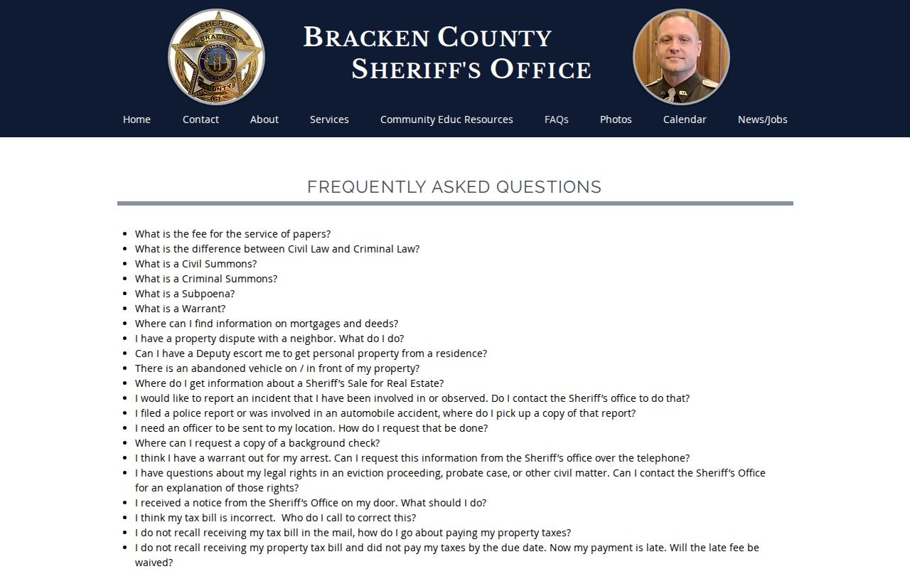 Bracken County Sheriff FAQ with warrant guidance
