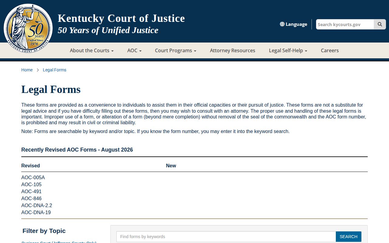 Kentucky Court of Justice legal forms page