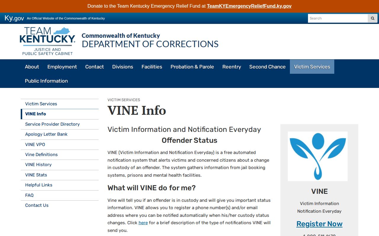 Kentucky DOC VINELink inmate check information for Bracken County custody