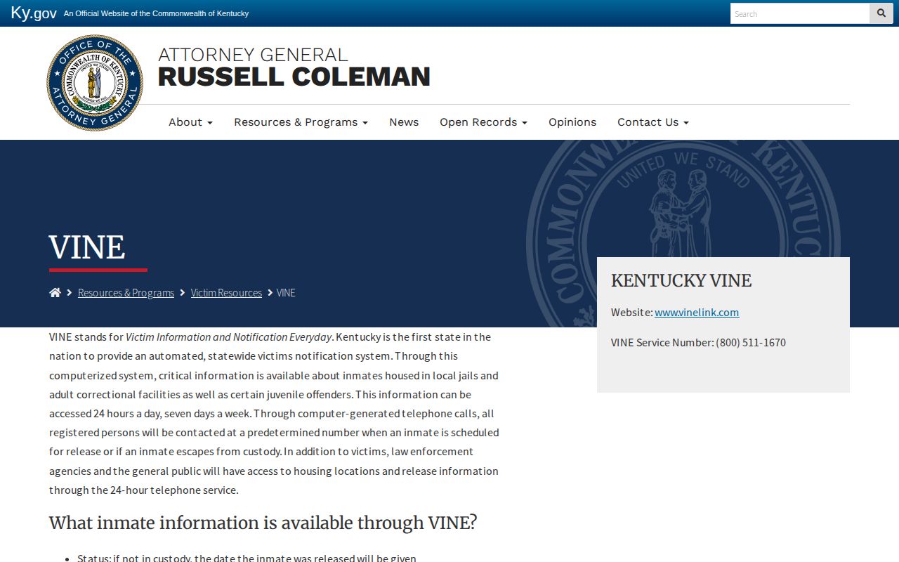 Kentucky Attorney General VINE alert registration for Bracken County custody