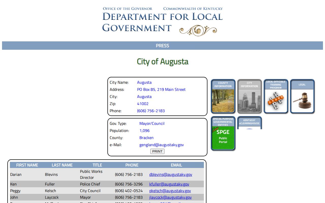 Kentucky official Augusta city record for Bracken County arrest contact context