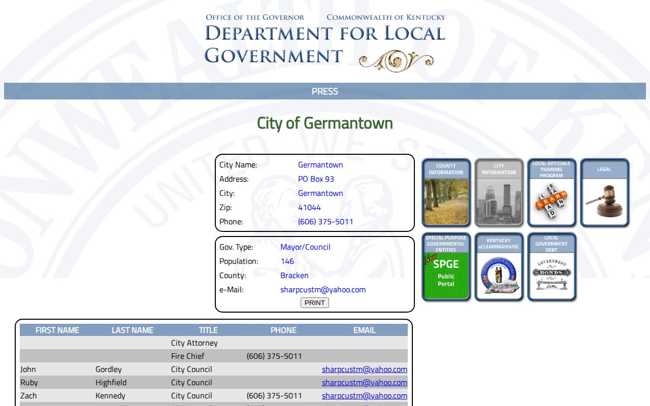 Kentucky official Germantown city record for Bracken County arrest agency context